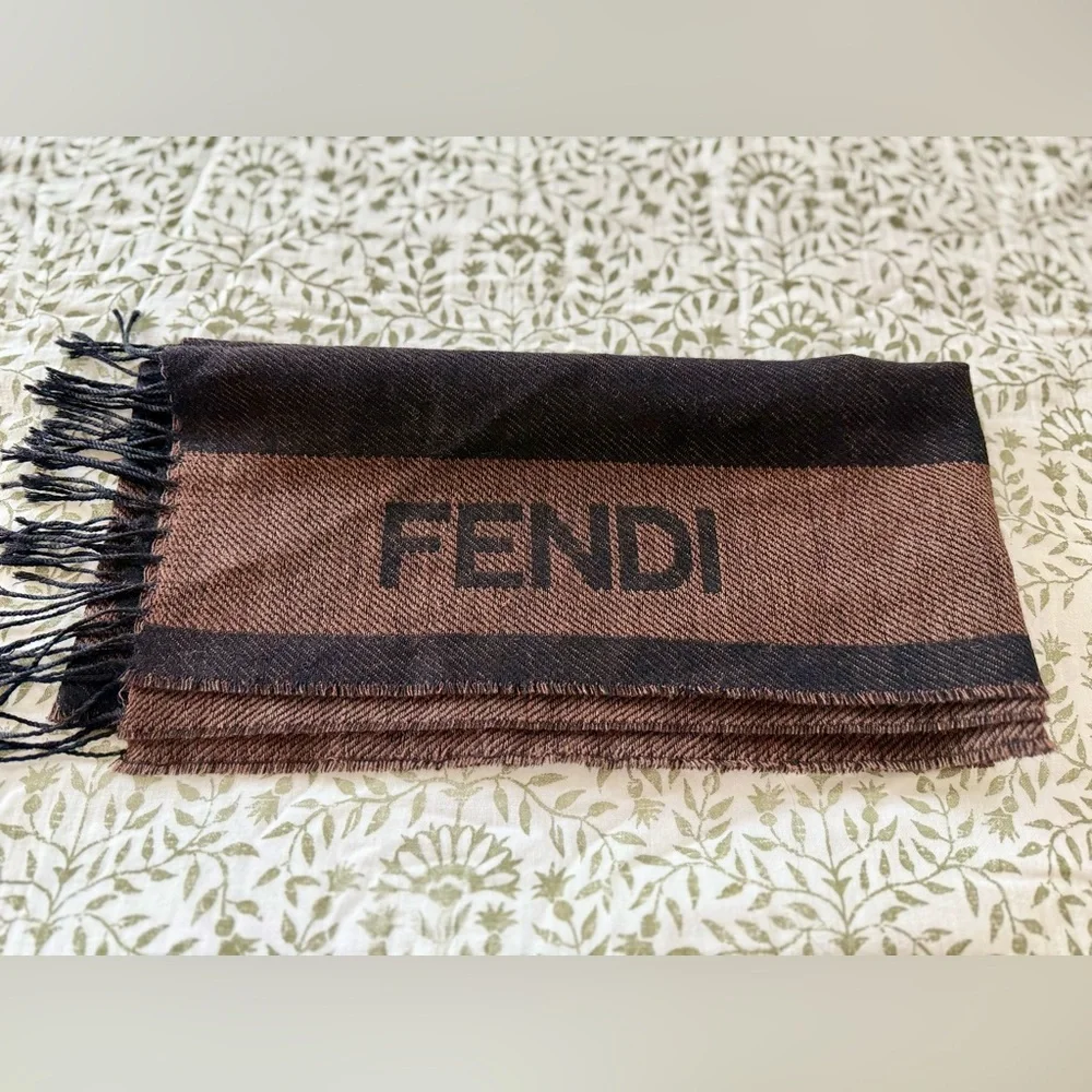 Fendi Wool Logo Scarf – Brown/Black Stripe – Made in Italy – Fringe – Vintage